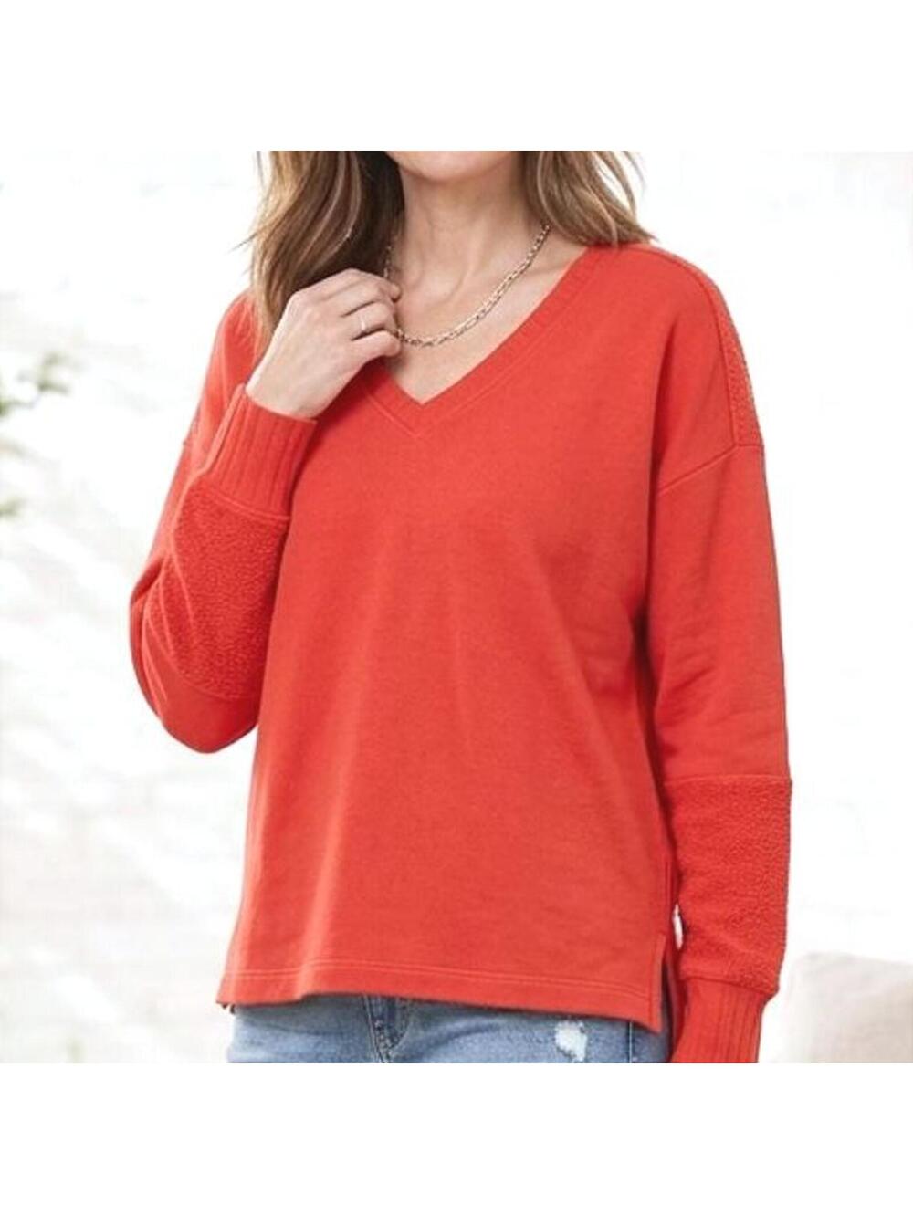Cabi Capri Red V-Neck French Terry Pullover Sweatshirt #6605 Small 100% Cotton